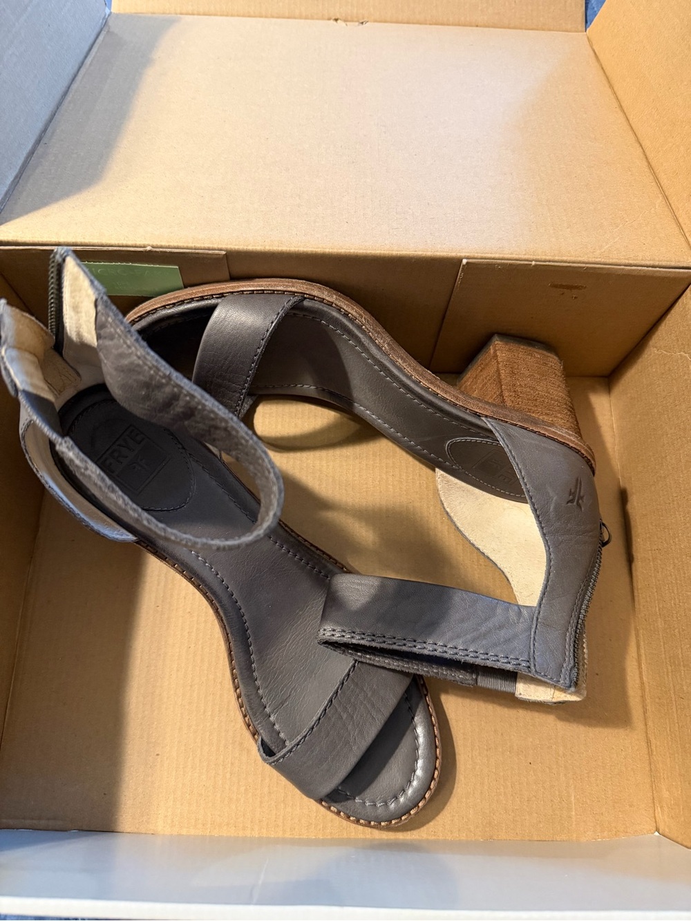 Frye Gray Leather Block Heel Sandals